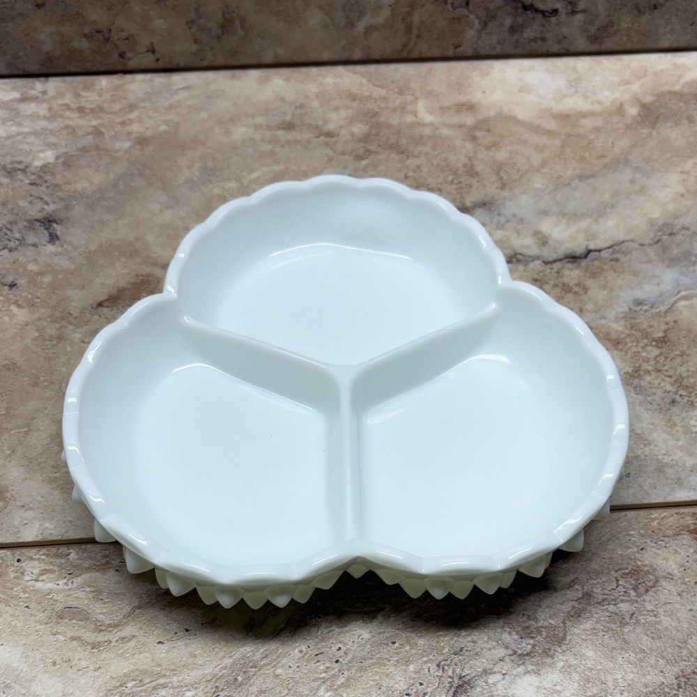 Vintage 3 Part Fenton White Milk Glass Hobnail Relish Nut Dish 7-1/4”W 1-1/2”H